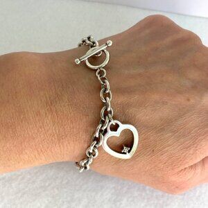 Solid Sterling Silver 925 UD Diamond Chip Heart Charm Cable Chain Bracelet 7.25"